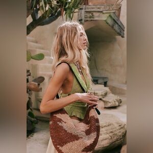 NWOT Free People Santorini Bag Slouchy Zip Raffia Woven/Leather Strap Purse